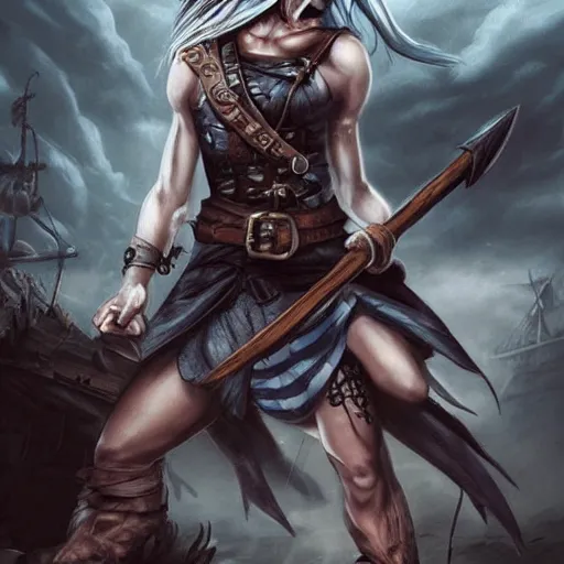 Image similar to a strong pirate woman in a sleeveless vest, angry, black lines running up her arms like veins, fighting, holding an axe of shadows, storm clouds in the background, long dark hair, character art, full body art, Dungeons and Dragons, D&D, trending on artstation, artgerm, 4k ultra hd, sharp focus, digital art by Ilya Kuvshinov and Ross Tran,