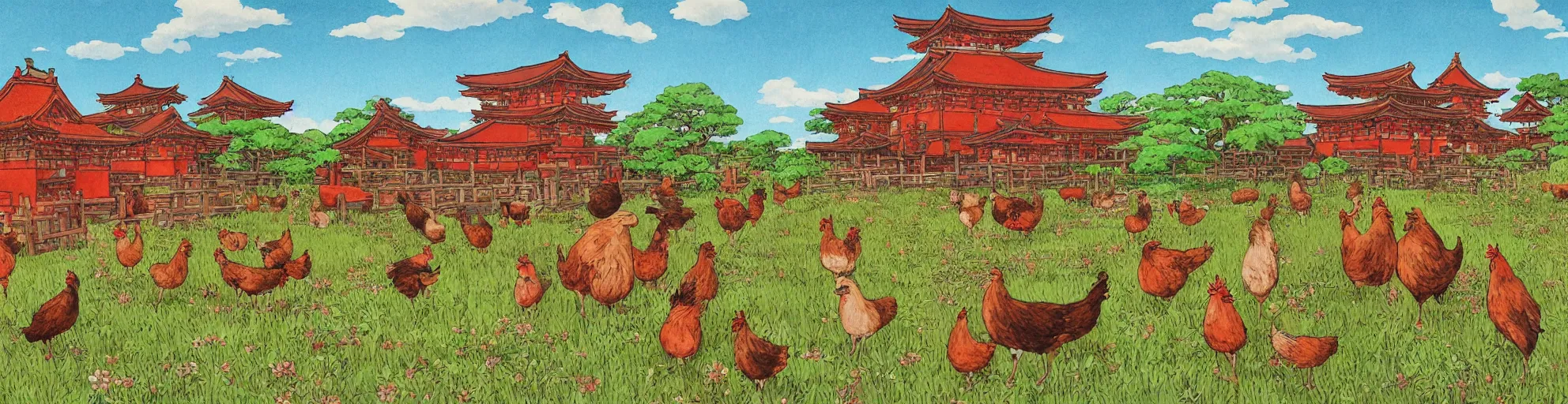 Image similar to big red and brown japanese fort in a meadow with chickens by studio ghibli painting