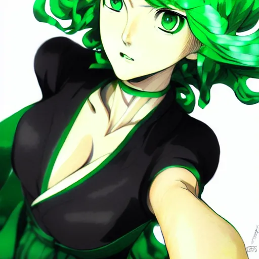 Image similar to tatsumaki from one punch man, green wavy hair, black dress, fine details, sharp focus, intricate, realistic shaded perfect face, by cushart krenz makoto shinkai artgerm ilya kuvshinov rossdraws