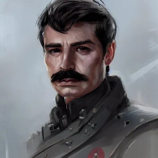 Image similar to portrait of a man by greg rutkowski, british features, short black hair in military style, moustache, perfect military composure, wearing gray imperial captain uniform, star wars expanded universe, he is about 4 0 years old, highly detailed portrait, digital painting, artstation, concept art, smooth, sharp foccus ilustration, artstation hq