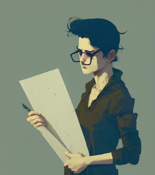 Image similar to portrait of a researcher, brooding look, paper folder in hand, disheveled hair, by atey ghailan, by greg rutkowski, by greg tocchini, by james gilleard, by joe fenton, by kaethe butcher, dynamic lighting, gradient light blue, brown, blonde cream and white color scheme, grunge aesthetic