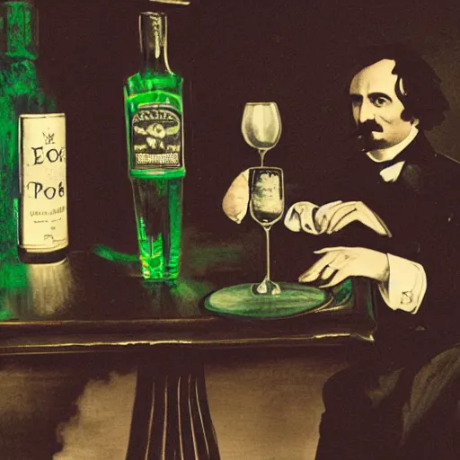 Prompt: a 2 0 2 0 date with edgar allan poe, absinthe