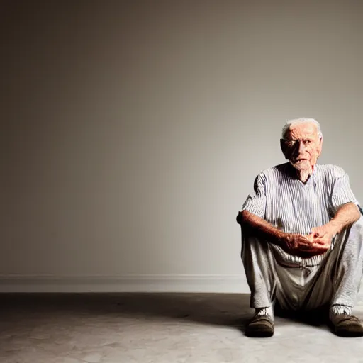 Prompt: a full shot of an old man sitting in the corner of a dimly lit room