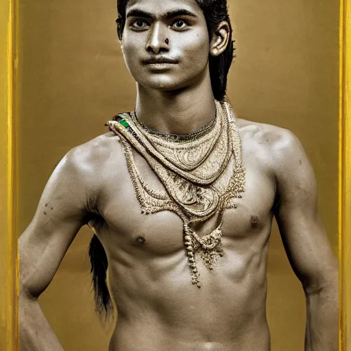 Prompt: a portrait of a beautiful athletic young male indian god, photographed by andrew thomas huang, artistic