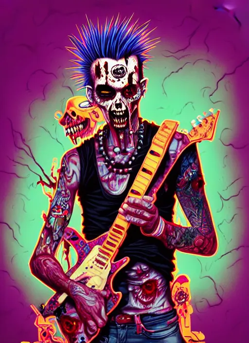 Image similar to a zombie punk rocker with a mohawk playing electric guitar, tristan eaton, victo ngai, artgerm, rhads, ross draws