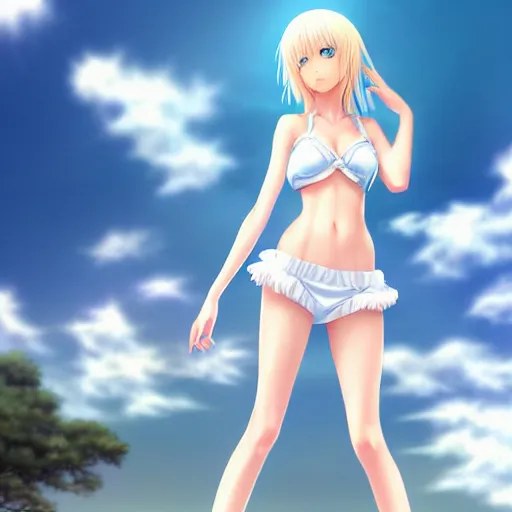 Image similar to tiny father a tall daughter picture : a very beautiful young blond anime girl, sky blue eyes, bikini, white miniskirt, highly detailed, cinematic wallpaper by stanley artgerm lau