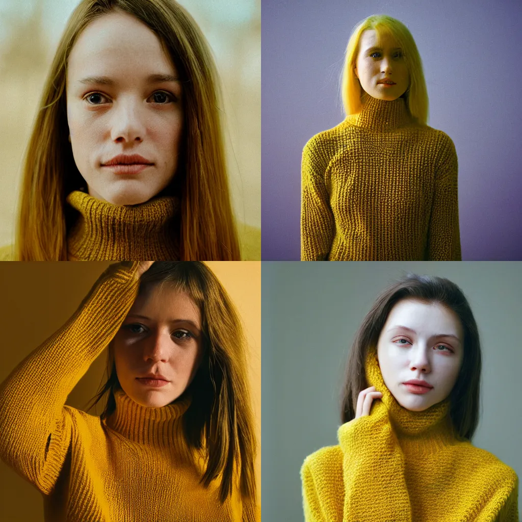 Prompt: A Hyper realistic and detailed portrait photography of a woman wearing a yellow knitted turtleneck sweater. Long hair. Agfa Vista 400 film. Detailed. Depth of field. lens flare. moody. cinematic. warm light. realistic. analog photography.