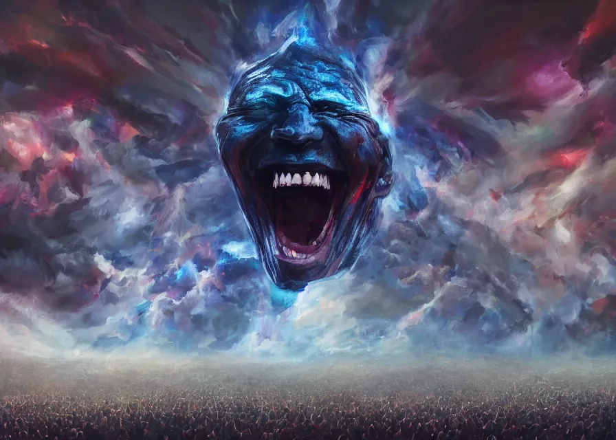 Prompt: large abstract painting of giant grinning evil dynamic Joe Biden head emerging from cosmic clouds at giant immense crowd of person army, trending on ArtStation, masterpiece, by Ciurlionis, octane, lightbeam eyes, oil on canvas, moody lighting, lights beaming out of eyes, cinematic, professional environment concept art