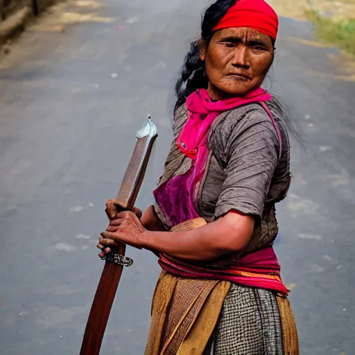 Image similar to a nepali woman carrying a sword, fierce