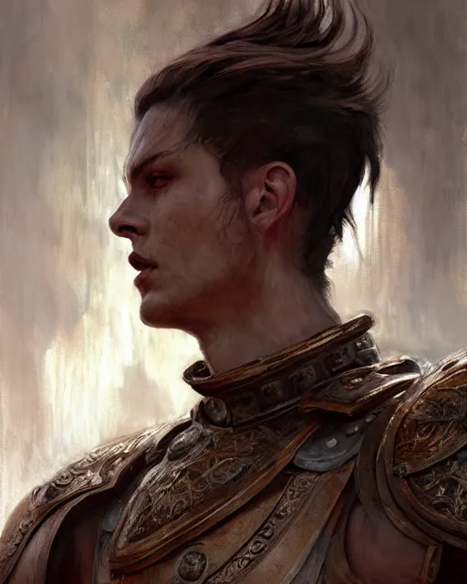 Prompt: close up of a young emperor wearing an armor ; masculine man with thin faces line and perfect jawline, two sides brown hair, elegant, ethereal horror fantasy art by greg rutkowski, jeremy mann, magali villeneuve and claude monet, large shoulders, red background