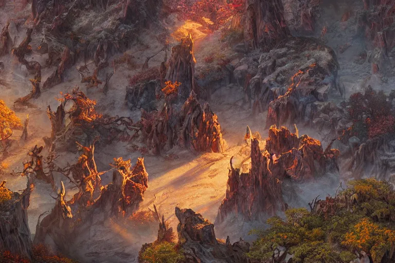 Prompt: high aerial shot, cinematic fantasy painting, dungeons and dragons, desert valley of bones with autumn maple bonsai, with sunset lighting ominous shadows by jessica rossier and brian froud