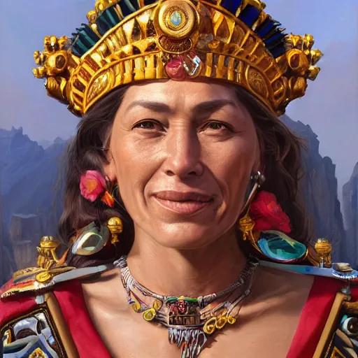 Image similar to an portrait of an happy female aztec empress, detailed, centered, digital painting, artstation, concept art, donato giancola, Joseph Christian Leyendecker, WLOP, Boris Vallejo, Breathtaking, 8k resolution, extremely detailed, beautiful, establishing shot, artistic, hyperrealistic, beautiful face, octane render