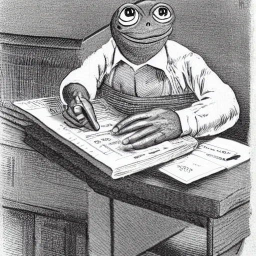 Image similar to pepe the frog doing taxes, realistic old photograph