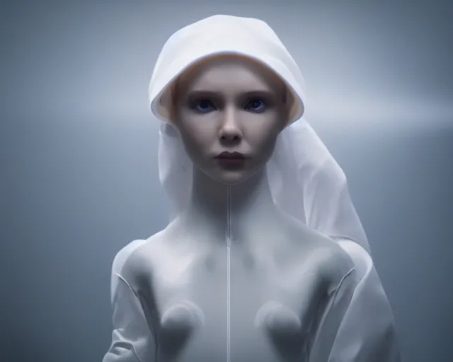 Image similar to a film still of a synthetic female human wrapped in white cloth, in neotokyo, cinematic lighting, high resolution, 4 k