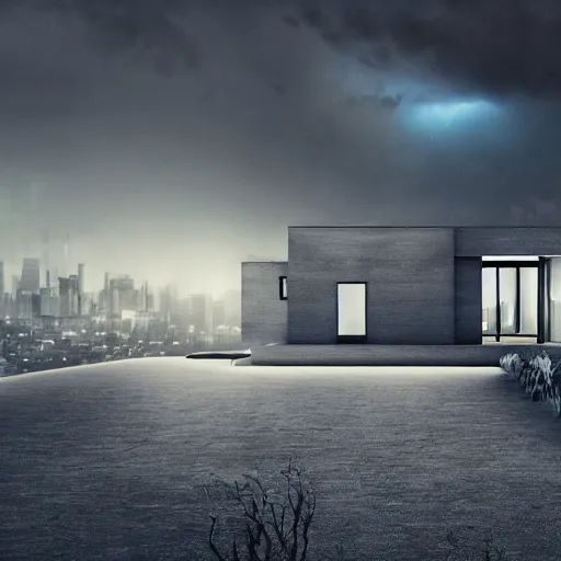 Image similar to exterior view of modern futuristic haunted house architecture, on a hill with a view overlooking the city, lightning in grey skies, detailed luminescent oil painting 4 k