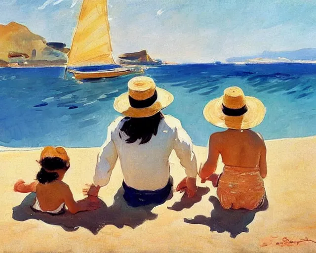 Prompt: a couple and a girl toddler on a beach in sardinia looking at a sailing boat, the man is wearing a panama hat, the woman has long dark hair, white sand, blue sky, summer, white and blue, painting by joaquin sorolla