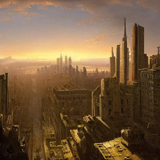 Image similar to vista of a city at sunset, the city is a sprawling renaissance city that is built amidst brutalist cyclopean architecture and overgrown by the rainforest, rpg, hubert robert, cityscape, vista, dying earth, gene wolfe