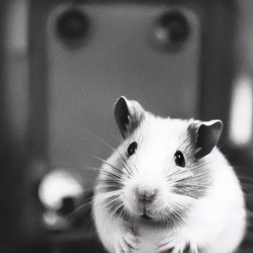 Prompt: a sinister looking hamster, glaring at the camera, sitting on a red button, in a nuclear submarine, 3 5 mm grainy film