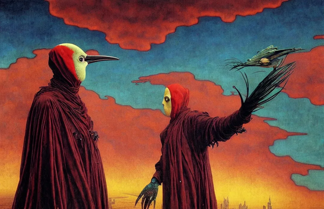 Image similar to realistic detailed portrait movie shot of a birdman wearing dark ragged robes, sci fi city sunset landscape background by denis villeneuve, amano, yves tanguy, alphonse mucha, ernst haeckel, max ernst, roger dean, masterpiece, rich moody colours, bird head, blue eyes