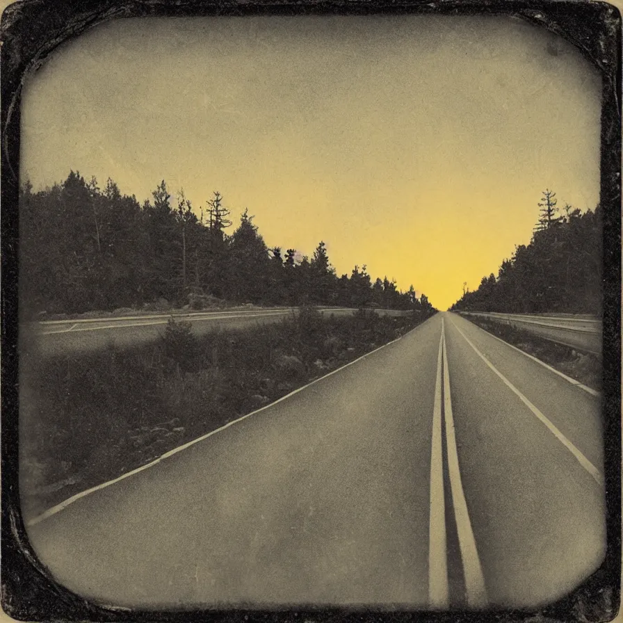 Image similar to tintype cover artwork about a sunrise highway. lighthearted mood.