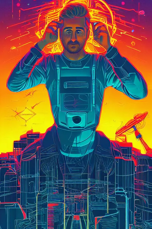 Prompt: a portrait of a Rayan Gosling with thunders in the sky in a future cybernetic city, outrun style and colours, trending on arstation, by dan mumford, by ross tran