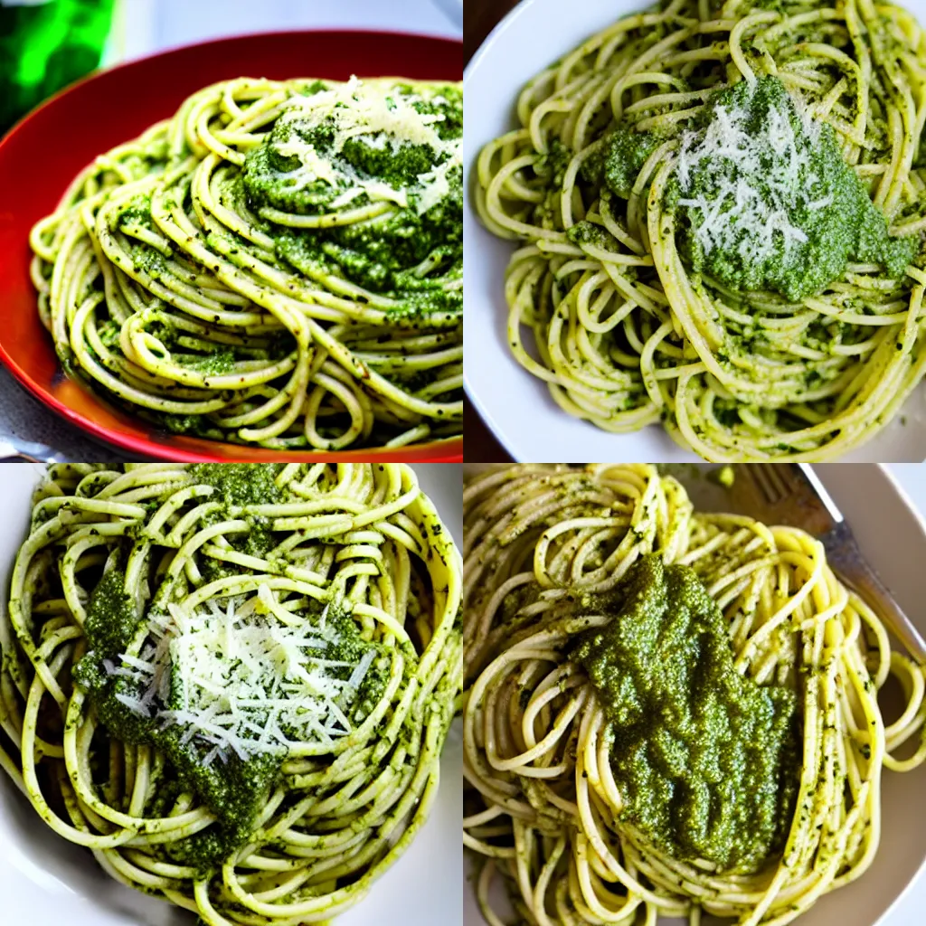 Prompt: the most delicious pesto spaghetti of all time, award winning photo