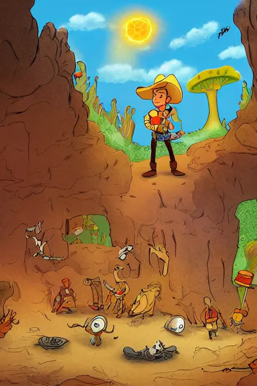 Prompt: illustration for a story that reads : woody the cowboy was out exploring one day, when he came across a cave. he went inside to take a look, and found some fossils of a prehistoric cook., colorful, fantasy, pixar, childrens book illustration, sharp high detail, manga and anime ( 9 )