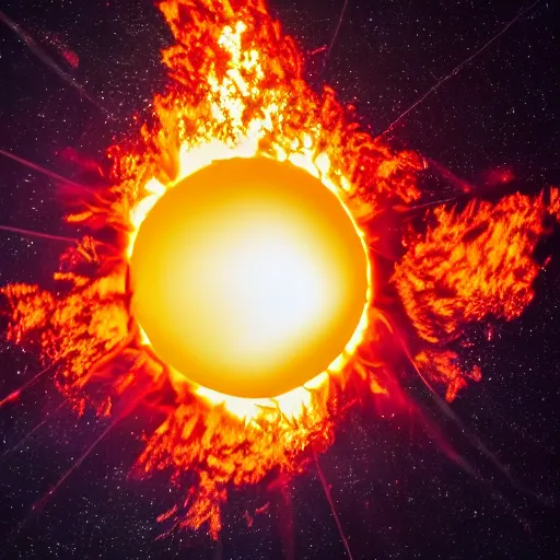 Image similar to red hot burning sphere embedded in fireball explosion with fire, 4 k