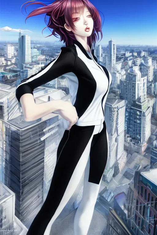 Image similar to extremely beautiful aesthetic girl with half black and half white jacket on the top of the city, full body, occlusion shadow, specular reflection, rim light, unreal engine, artgerm, artstation, art by hiroaki samura and jiro matsumoto and yusuke murata, high quality, intricate detailed 8 k, beautiful shape of face and body