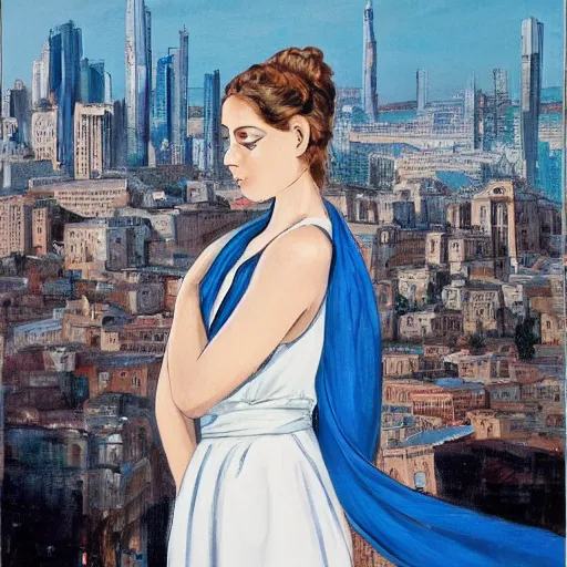 Prompt: A beautiful performance art of a young woman with big blue eyes. She has long lashes and a small mouth. Her hair is pulled back in a bun with a few stray hairs falling down. She's wearing a white dress with a blue sash and a blue scarf around her neck. In the background is a cityscape with tall buildings. Ancient Roman, jet black by J.M.W. Turner, by Otto Dix colorful