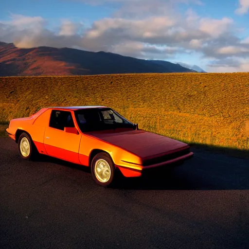 Prompt: 8 0 s sports car heading west, golden hour, larich style