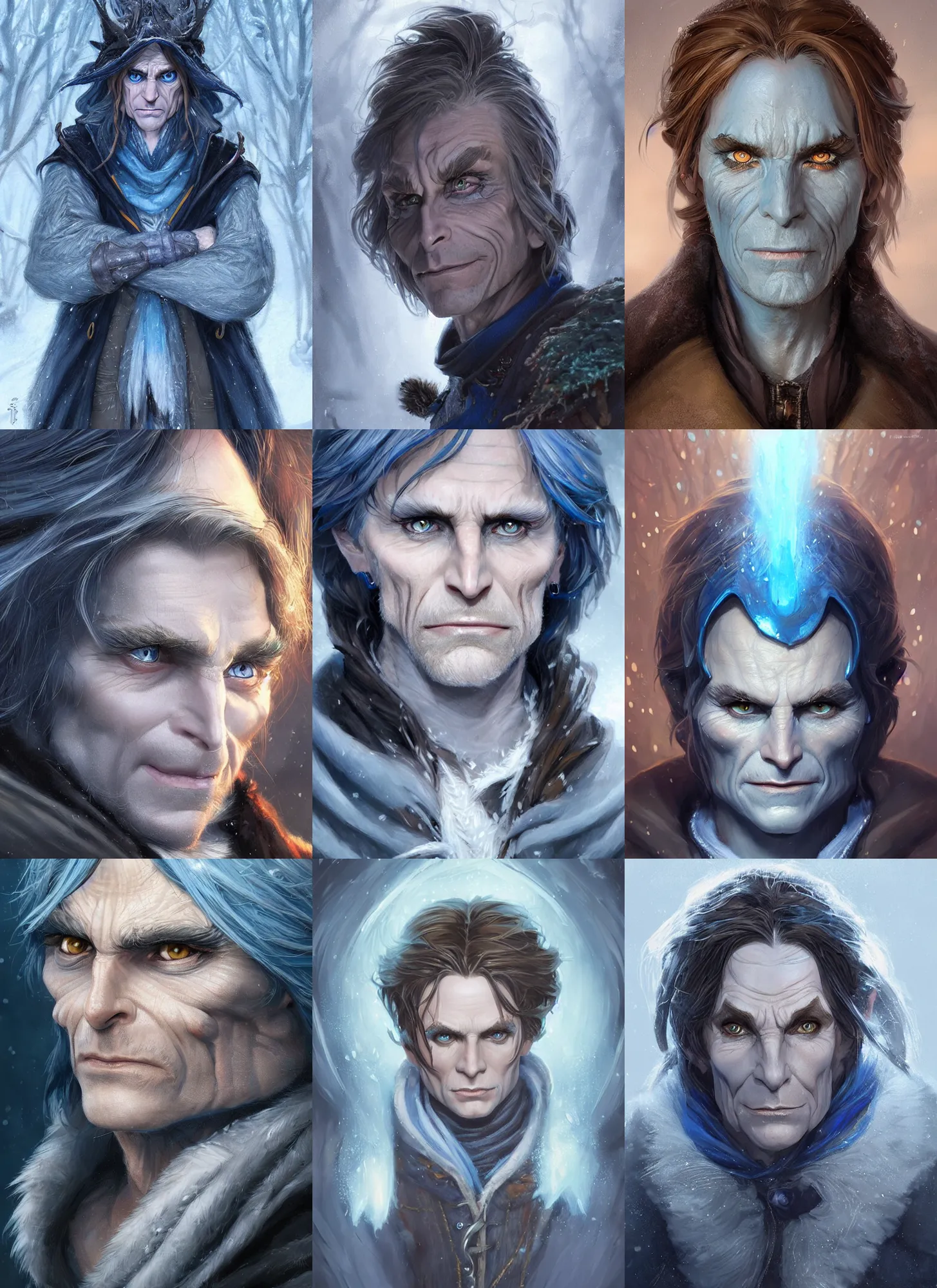 Prompt: wintry rumpelstiltskin, piercing blue - eyed stare, d & d, fantasy, highly detailed, portrait, digital painting, trending on artstation, concept art, sharp focus, illustration, art by artgerm and greg rutkowski and magali villeneuve