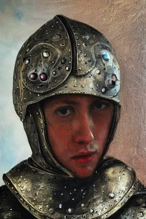 Image similar to hyperrealism oil painting, close - up portrait of face hiding in stingray medieval fashion model, knight, steel gradient mixed with nebula sky, in style of baroque mixed with 7 0 s book art