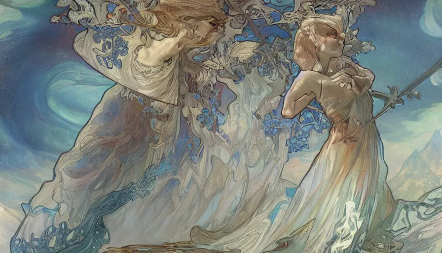 Image similar to epic ice dragon with trendy shapes in a nordic landscape under aurora and stars, set in the words of the Forgotten Realms and Guildwars2, painted by Hans Fredrik Gude, alphonse mucha and Artgerm, concept art 2022, ultra realistic masterpiece