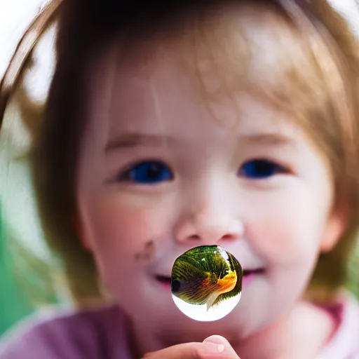 Image similar to closeup portrait of beautiful kid looking through a aquarium fish ball, the kid is in a tent with a lantern, excitement, surprise, happiness, professional photoshoot, kodak portra, photographed in film, soft and detailed, realistic, bokeh