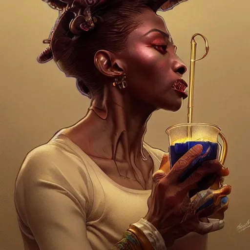Prompt: horrific menacing cosby mixing drinks, intricate, elegant, highly detailed, digital painting, artstation, concept art, smooth, sharp focus, illustration, art by artgerm and greg rutkowski and alphonse mucha and loish and WLOP
