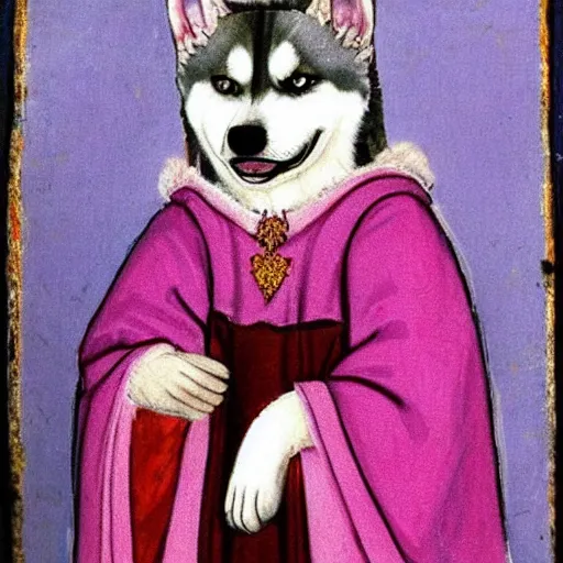 Image similar to derpy siberian husky dog princess in pink gown, medieval painting