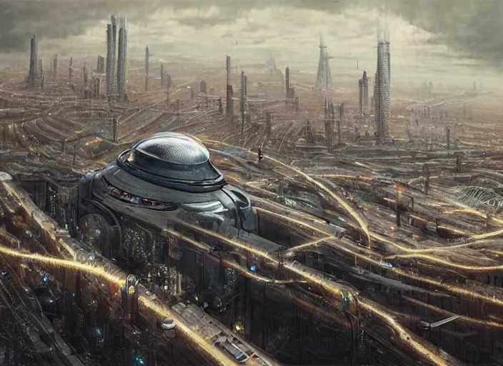 Prompt: cult of technology, exterior, scifi, machines, artificial intelligence!!, ultra realistic!!!, highly detailed, brain in a vat!!, futuristic landscape, industrial, city, utopian architecture, birds eye view, atmosphere, masterpiece, epic lighting, glow, mysterious, cinematic, art by patryk olkiewicz and chris ostrowski