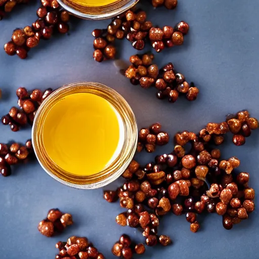 Image similar to dingleberry honey, honey with fresh dingleberries floating inside, food photography