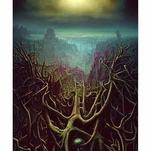 Prompt: an incredibly beautiful but ominous matte painting depicting horrifying huge burning eyes and jagged bloody teeth and thorns, overgrowing a desolate ruins submerged in fog beneath the setting sun by lisa frank and beksinski and wayne barlowe, exquisite detail, post processing, masterpiece, cinematic, sharp focus, deep colors