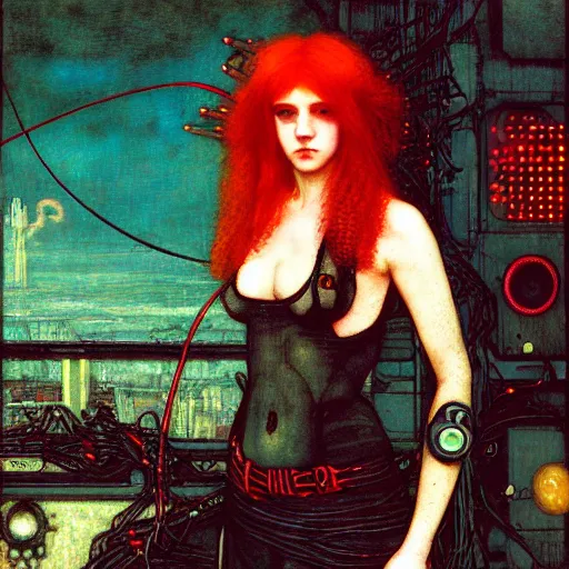 Image similar to redhead female cyberpunk, wires cables skulls, machines, neuropunk trashcore, in the style of john william waterhouse, kilian eng, rosetti, john everett millais, william holman hunt, 4 k photo autochrome