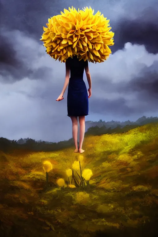 Image similar to closeup girl with giant yellow dahlia flower face, standing on mountain, surreal photography, blue storm clouds, dramatic light, impressionist painting, digital painting, artstation, simon stalenhag