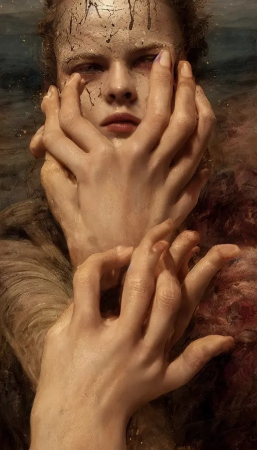 Image similar to epic masterpiece torment, drama, sweaty skin, hyperrealistic, octane render, cinematic, beautiful face and flawless skin, perfect hands, 5 fingers, gold by Edgar Maxence, Legends of Runeterra