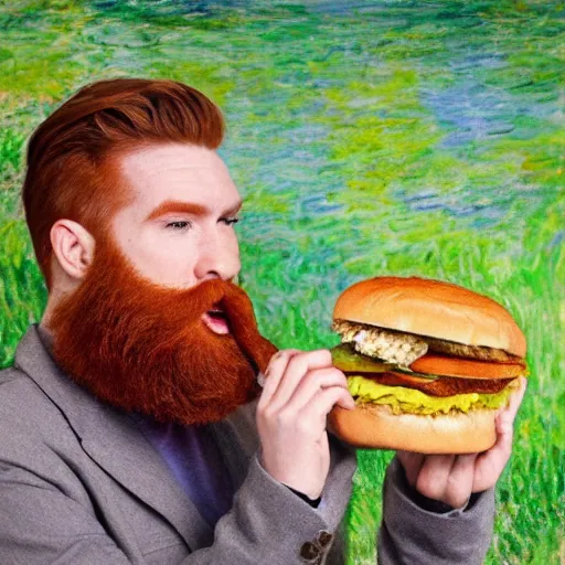 Image similar to ginger young handsome man with beard eating hamburger happily by monet