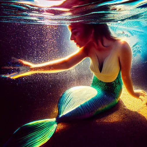 Image similar to mermaid breaking the surface of the water, underwater photography with light scattering and water refractions, smooth