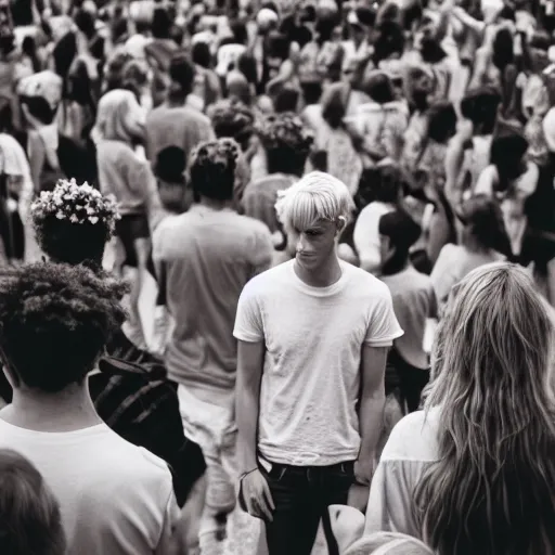 Image similar to kodak portra 4 0 0 photograph of a skinny blonde guy standing in crowd of black and white people, back view, flower crown, moody lighting, telephoto, 9 0 s vibe, blurry background, vaporwave colors, faded!,