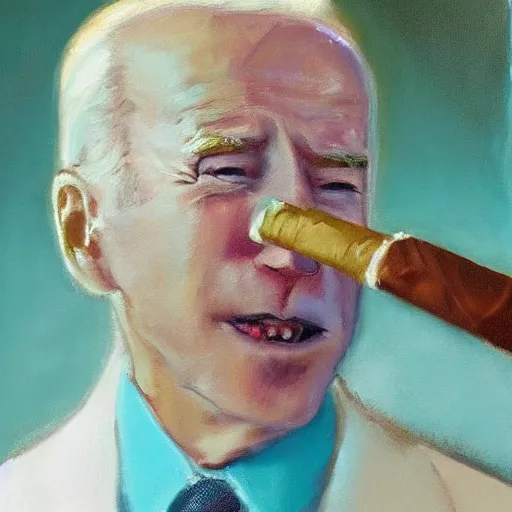 Image similar to oil painting of joe biden smoking a cigar, bright, pastel turquoise background, impressionist colors