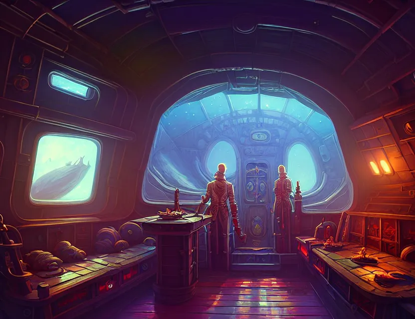 Image similar to interior view in the captain's cabin of a flying ship, d & d spelljammer fantasy art, artstation contest winner, beautiful digital painting in the style of dan mumford, art by kev chan, volumetric lighting, concept art, speedpainting, fantasypunk, deep colors, cgsociety, by gerald brom