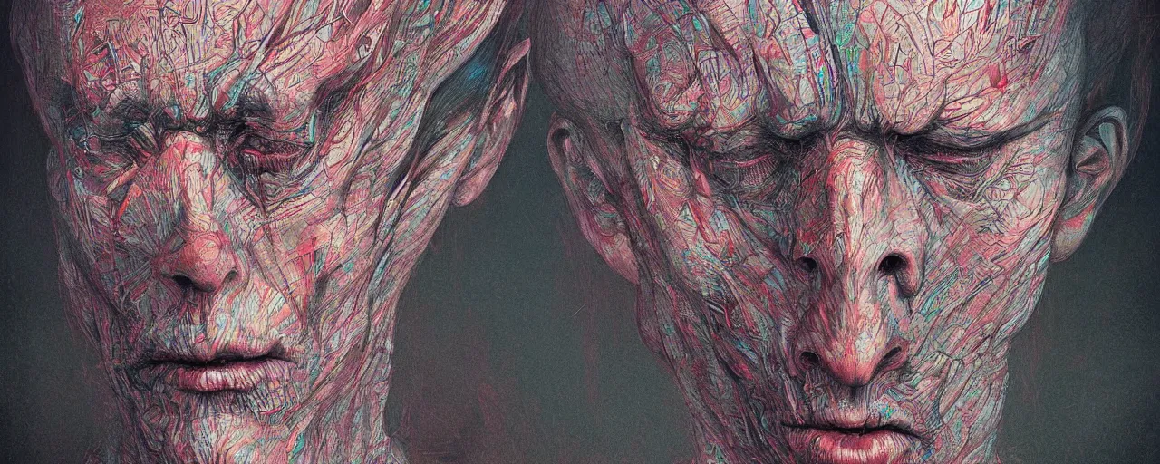 Image similar to portrait of a man in the style of android jones and zdzislaw beksinski