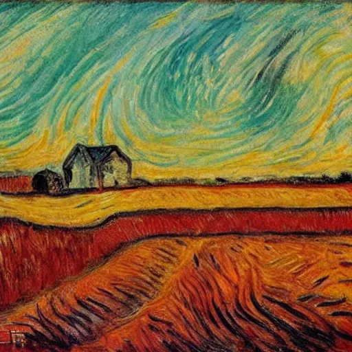 Prompt: a small vintage farm on fire in a corn field in the style of Edvard Munch